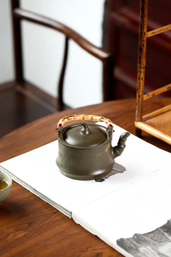 紫砂壺竹韻悠悠老綠泥工藝師楊軍保製 2