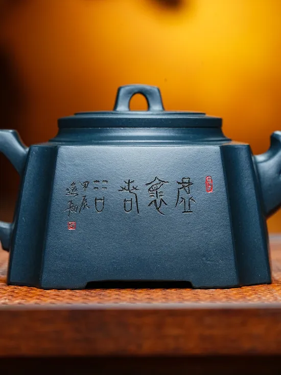 紫砂壺四方抽角玫瑰天青泥國工佳作 1