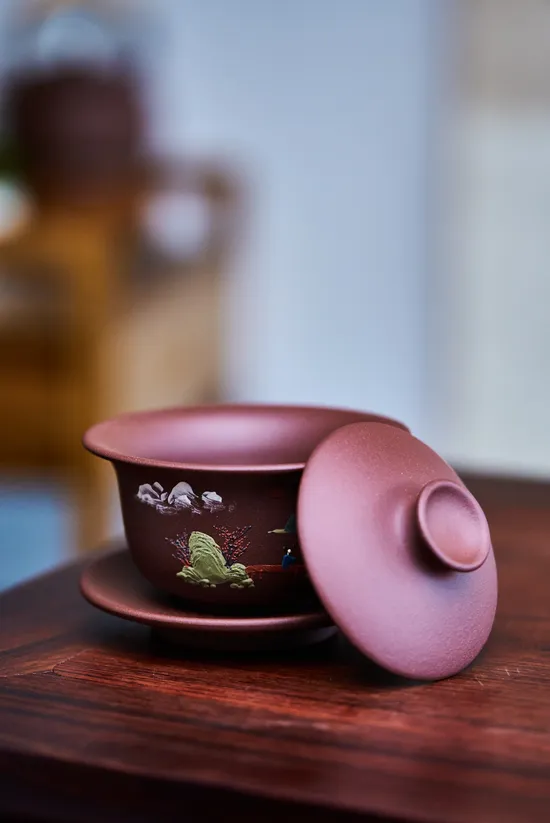 紫砂蓋碗 原礦老紫泥 山水圖 蔣榮生老師手工製作 1