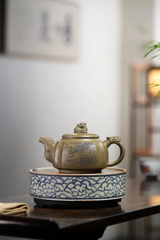 雙國工紫砂壺抽角龍樽套組 稀有龍背青泥 2