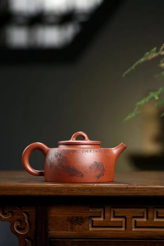 王芳老師紫砂魚罩壺 紅降坡泥料高品質茶具 1