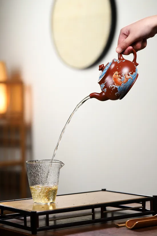 楊鵬老師魚躍紫砂壺 紫泥七十年代大紅袍 法琅彩工藝 1