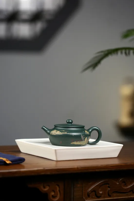 紫砂壺 鮑玉華 扁晨 原礦景舟老綠泥 170cc 2