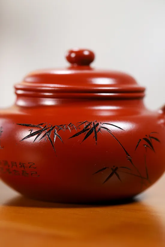 竹葉仿古紫砂壺手工精刻 2