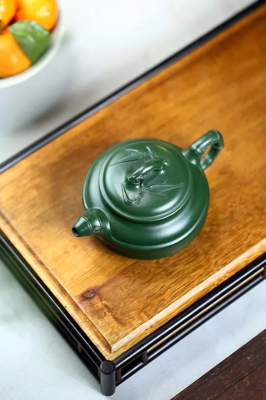 紫砂壺雙線竹鼓手工製作原礦綠泥 2