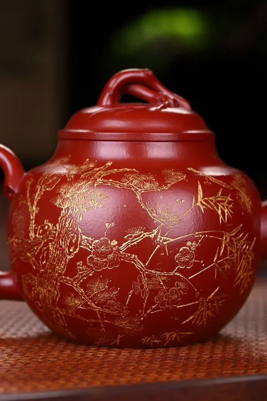 紫砂壺歲寒三友強寅春朱泥400CC收藏級工藝 2