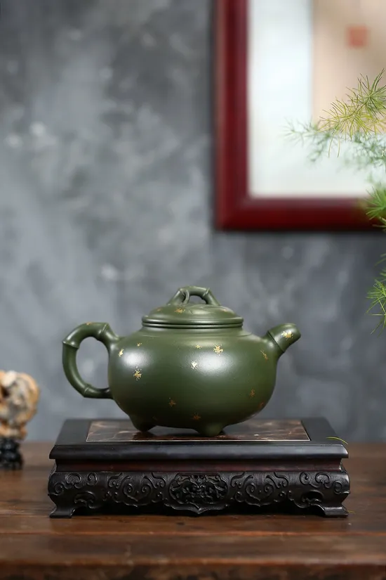 紫砂壺三足竹鼎高工佳作原礦綠泥手工製作 2