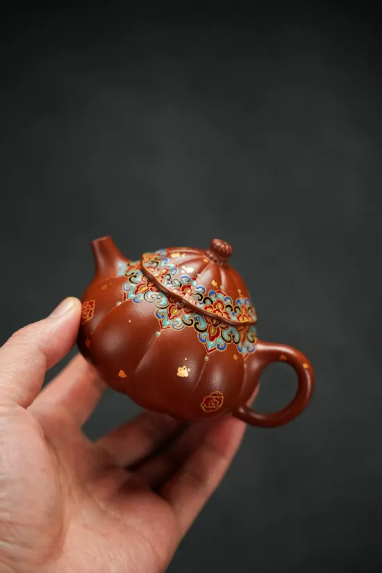 紫砂壺 筋紋玲瓏琺琅150cc 紫泥手工製作 1